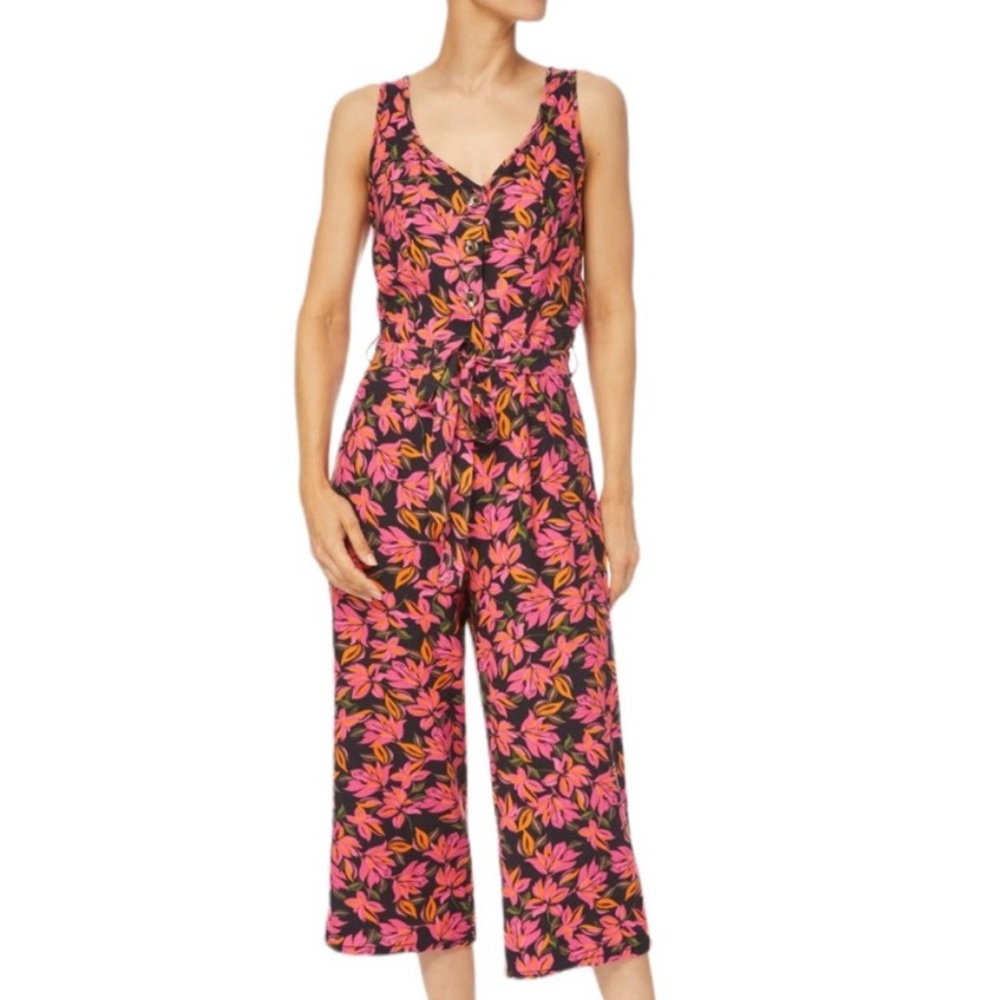 Kenzie Tropical Flower Coral Linen Jumpsuit NEW